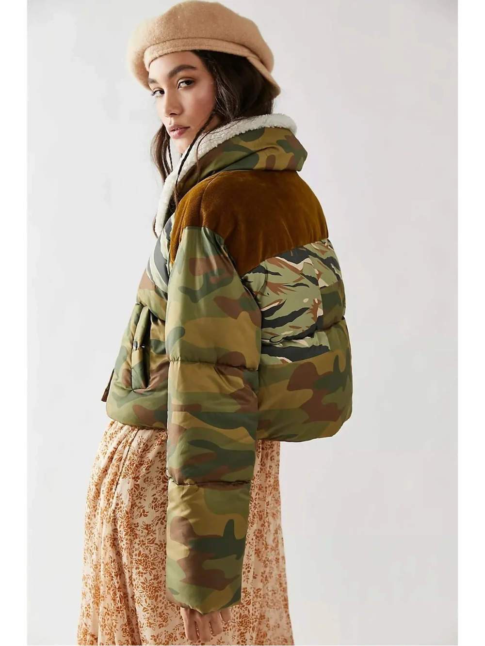 Free People Bohemian Patchwork Camo Cordury West Coast Puffer Jacket Size Large